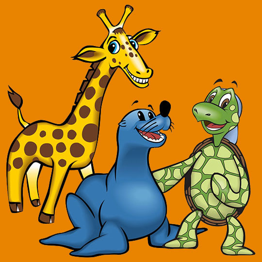 Giraffe, seal, and turtle